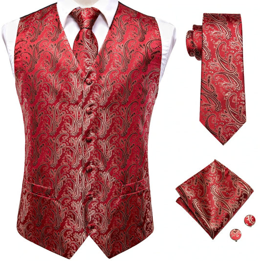 Light Red Paisley Silk Men's Vest Hanky Cufflinks Tie Set Waistcoat Set-MJ-0035 - SimonVon Shop