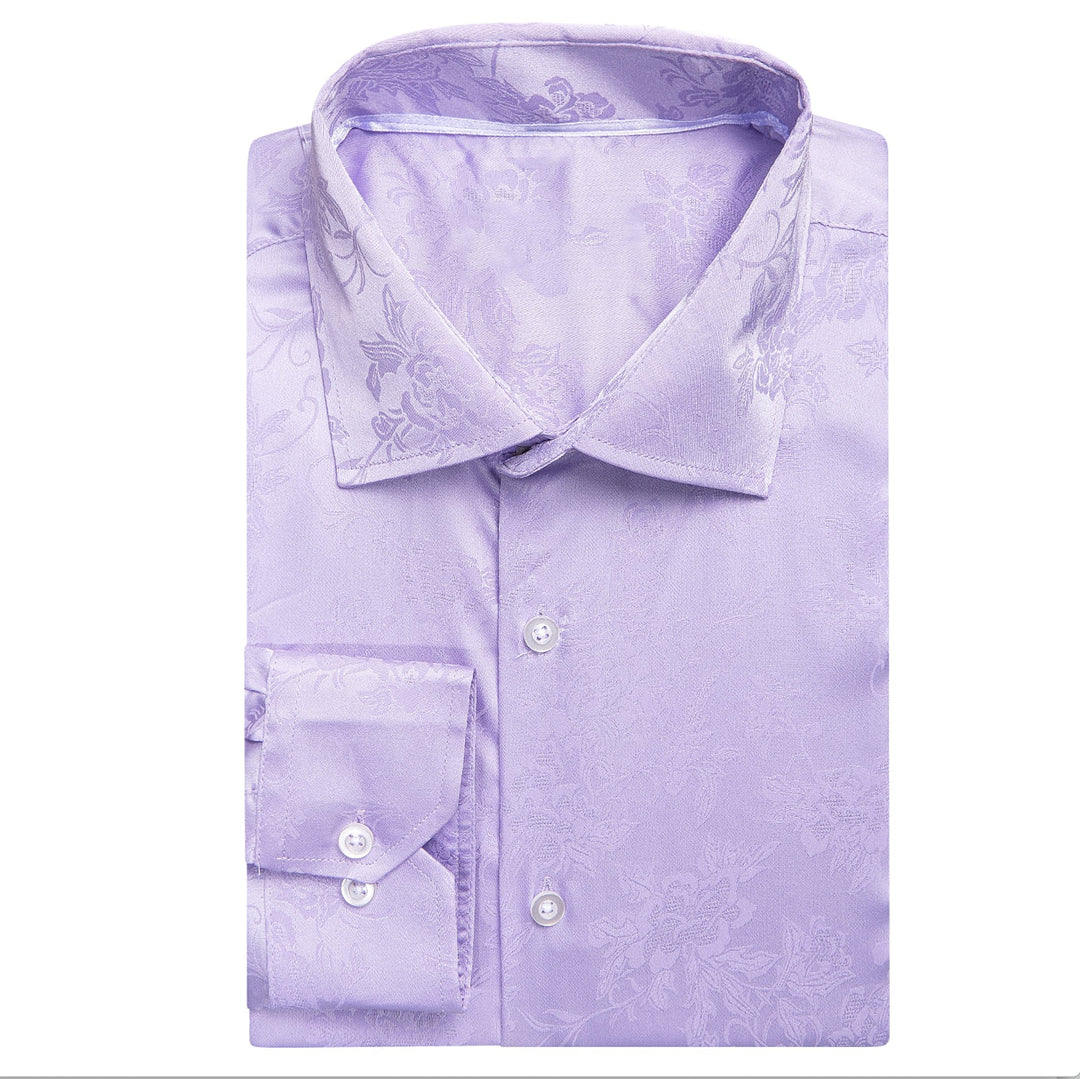 Lilac Purple Floral Silk Men's Long Sleeve Shirt-1645 - SimonVon Shop