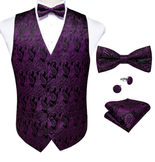 Luxury Black Marron Paisley Silk Men's Vest Bow Tie Hanky Cufflinks Set.MJ-2072 - SimonVon Shop