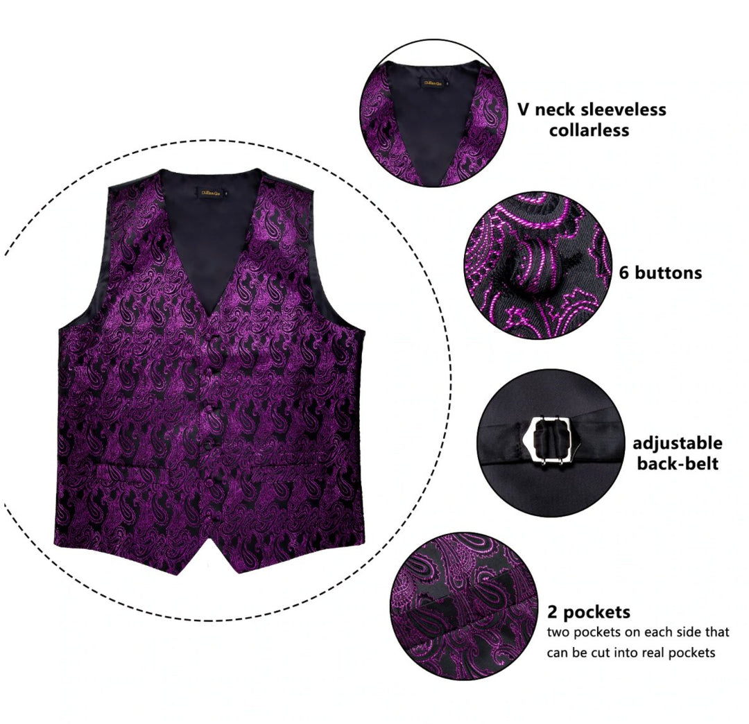 Luxury Black Marron Paisley Silk Men's Vest Bow Tie Hanky Cufflinks Set.MJ-2072 - SimonVon Shop