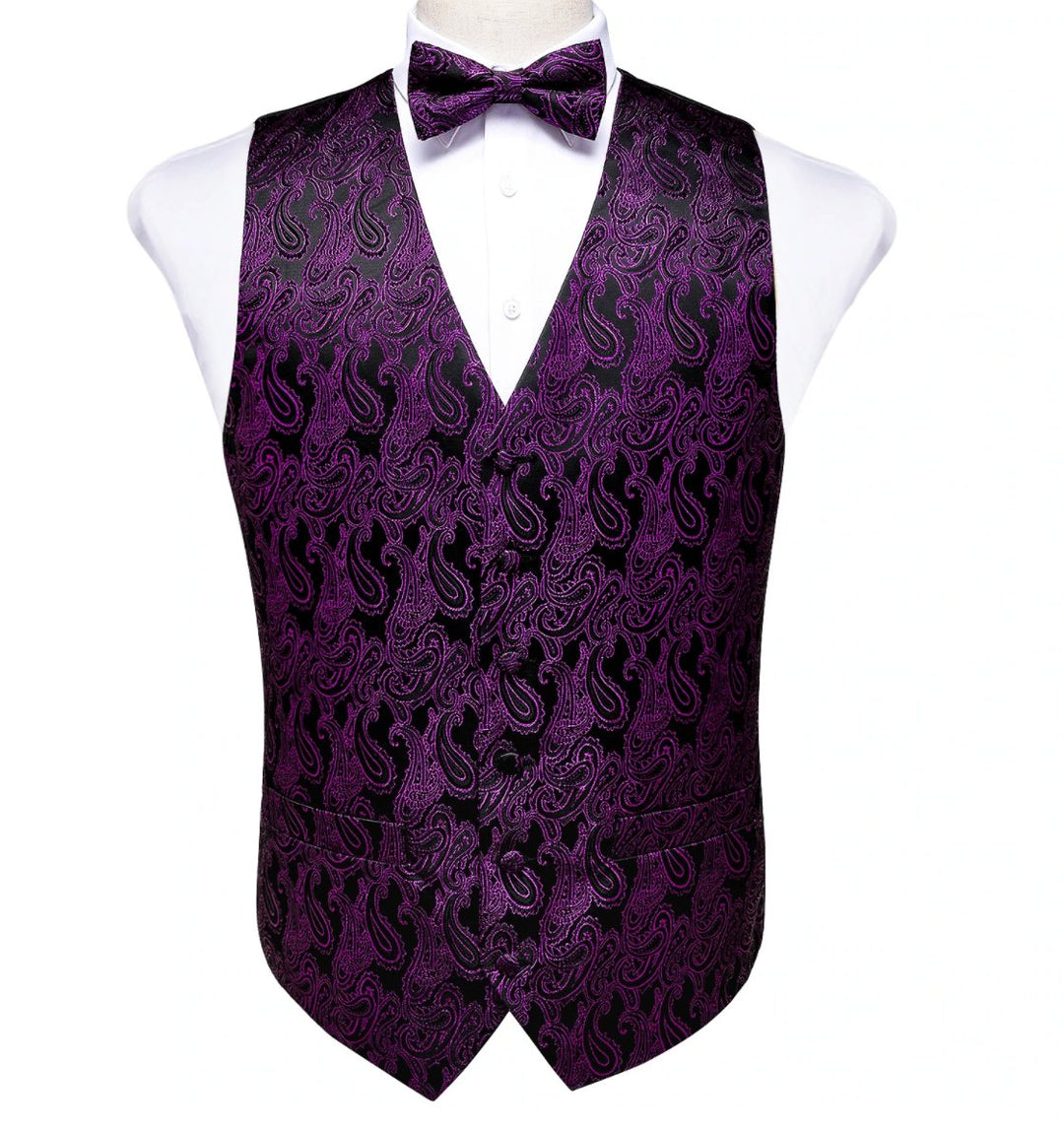 Luxury Black Marron Paisley Silk Men's Vest Bow Tie Hanky Cufflinks Set.MJ-2072 - SimonVon Shop