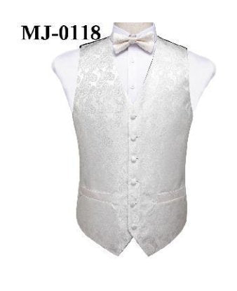 Luxury Cream White Floral Silk Paisley Men's 4pc Waistcoat Vest Bow Tie Pocket Square Cufflinks Set -MJ-0118 - SimonVon Shop