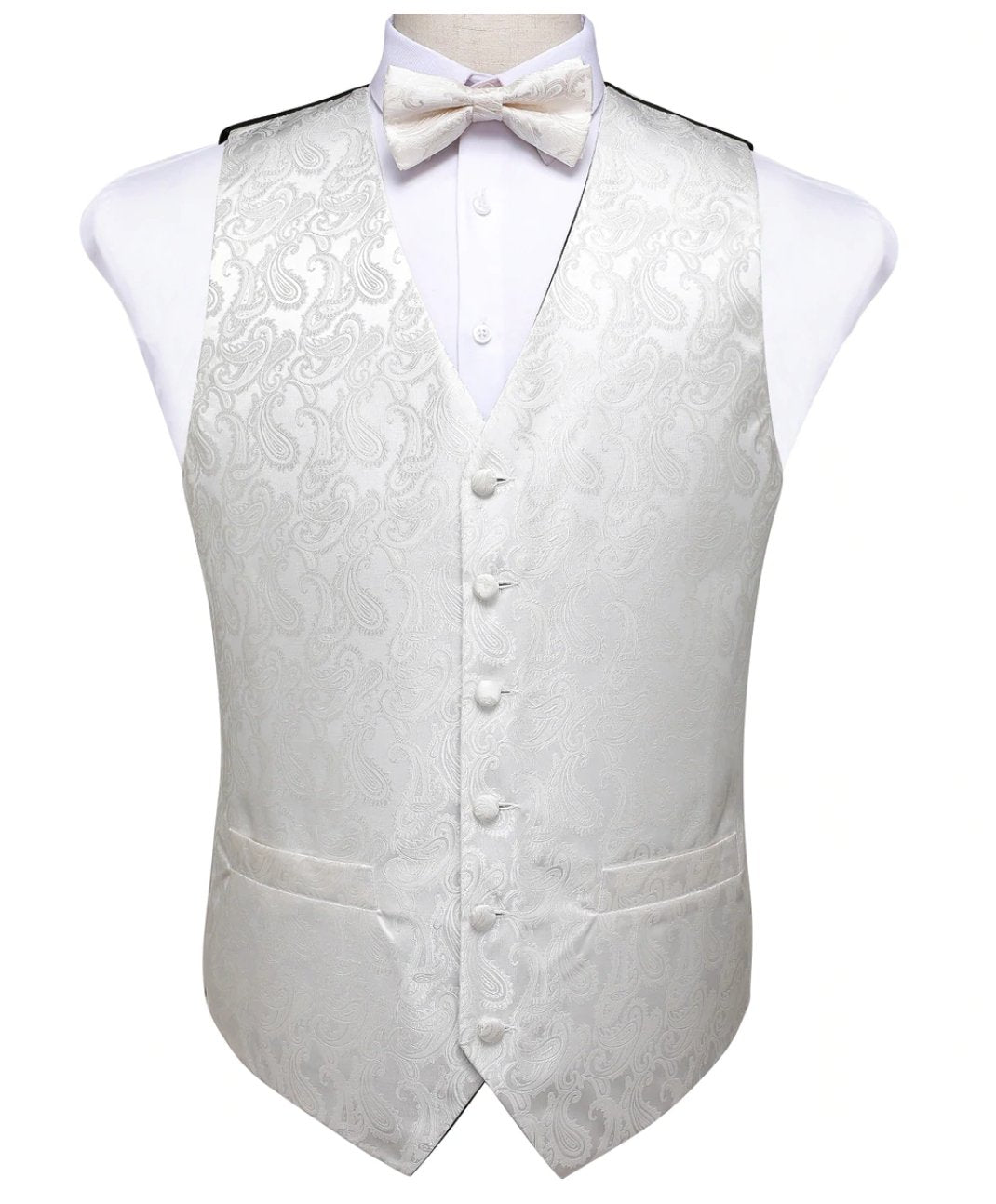 Luxury Cream White Floral Silk Paisley Men's 4pc Waistcoat Vest Bow Tie Pocket Square Cufflinks Set -MJ-0118 - SimonVon Shop
