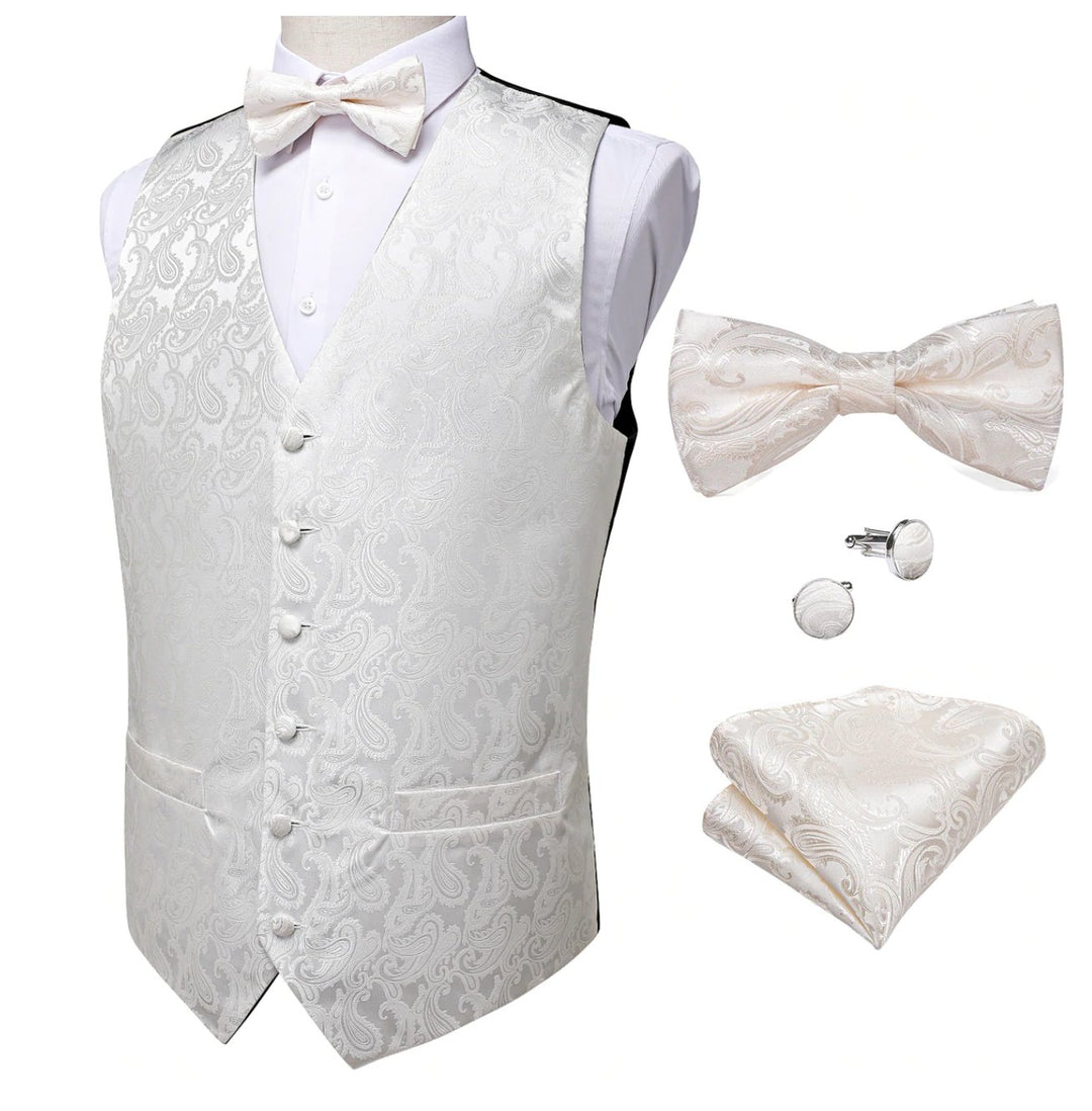Luxury Cream White Floral Silk Paisley Men's 4pc Waistcoat Vest Bow Tie Pocket Square Cufflinks Set -MJ-0118 - SimonVon Shop