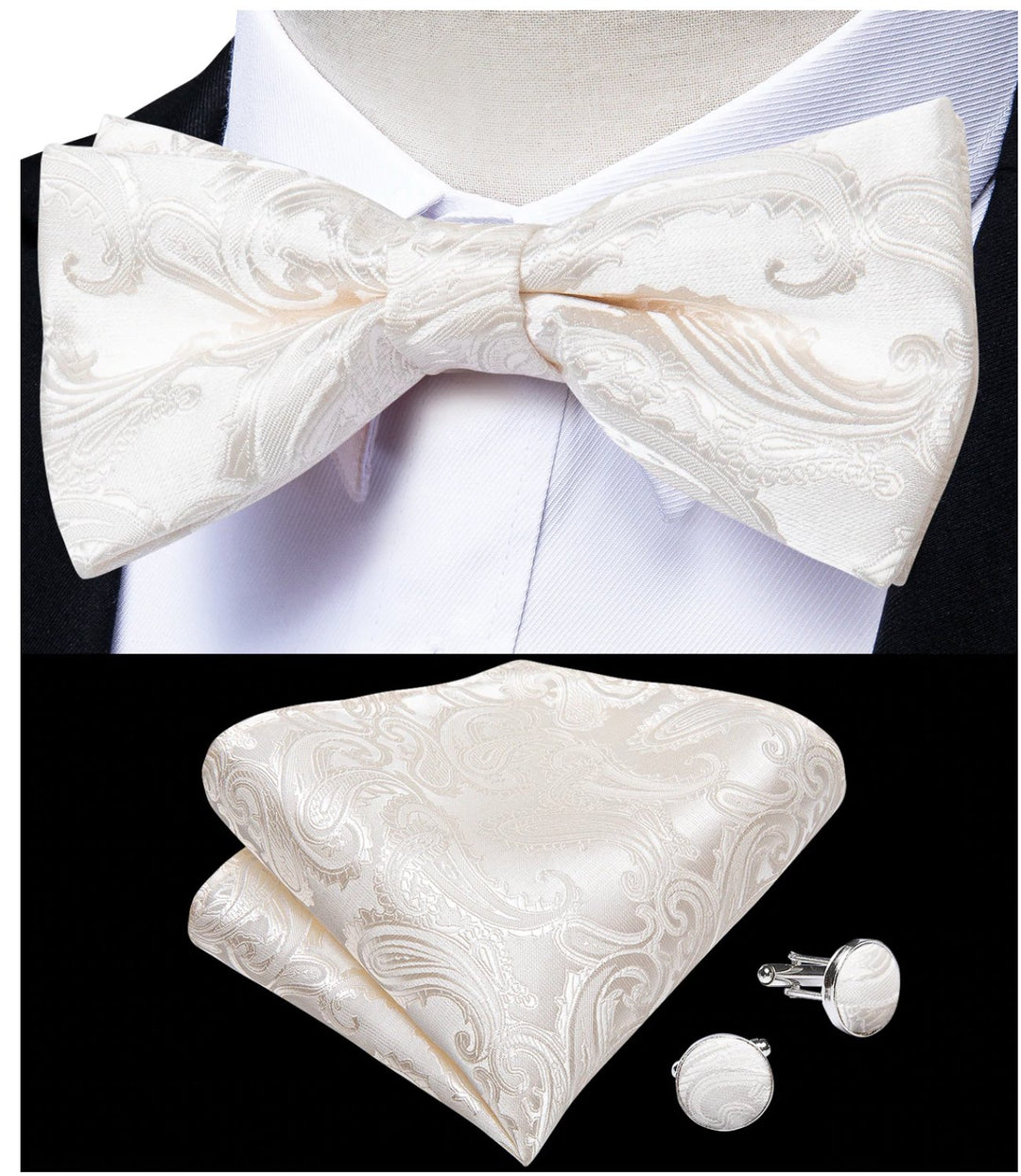 Luxury Cream White Floral Silk Paisley Men's 4pc Waistcoat Vest Bow Tie Pocket Square Cufflinks Set -MJ-0118 - SimonVon Shop