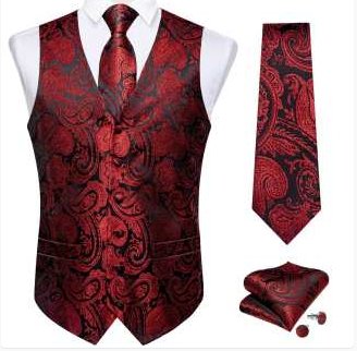 Luxury Dark Red Black Paisley Silk Men's Vest Hanky Cufflinks Tie Set Waistcoat Suit Set- MJ-0150 - SimonVon Shop