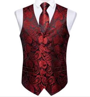 Luxury Dark Red Black Paisley Silk Men's Vest Hanky Cufflinks Tie Set Waistcoat Suit Set- MJ-0150 - SimonVon Shop