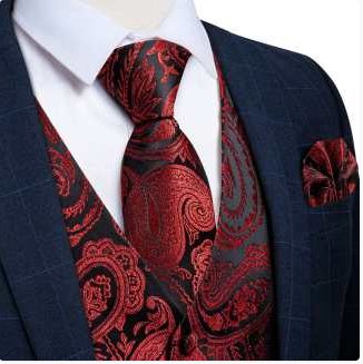 Luxury Dark Red Black Paisley Silk Men's Vest Hanky Cufflinks Tie Set Waistcoat Suit Set- MJ-0150 - SimonVon Shop