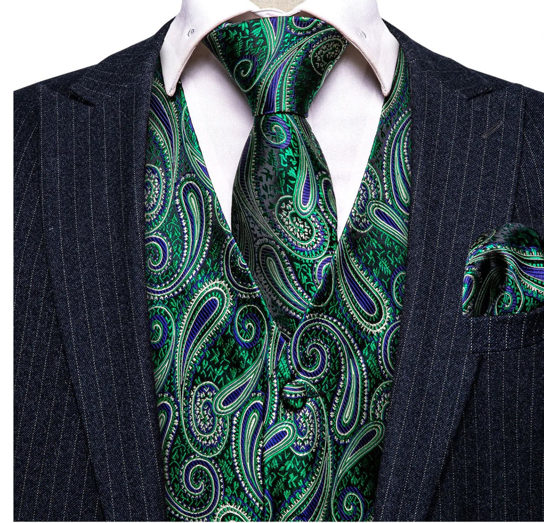 Luxury Green Blue Paisley Silk V Neck Vest Tie Pocket Square Cufflinks Set- MJ-2572 - SimonVon Shop