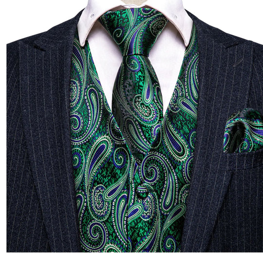 Luxury Green Blue Paisley Silk V Neck Vest Tie Pocket Square Cufflinks Set- MJ-2572 - SimonVon Shop