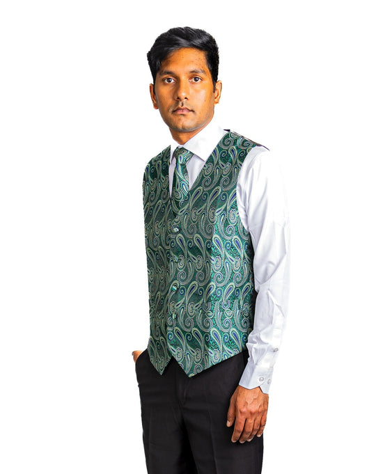 Luxury Green Blue Paisley Silk V Neck Vest Tie Pocket Square Cufflinks Set- MJ-2572 - SimonVon Shop