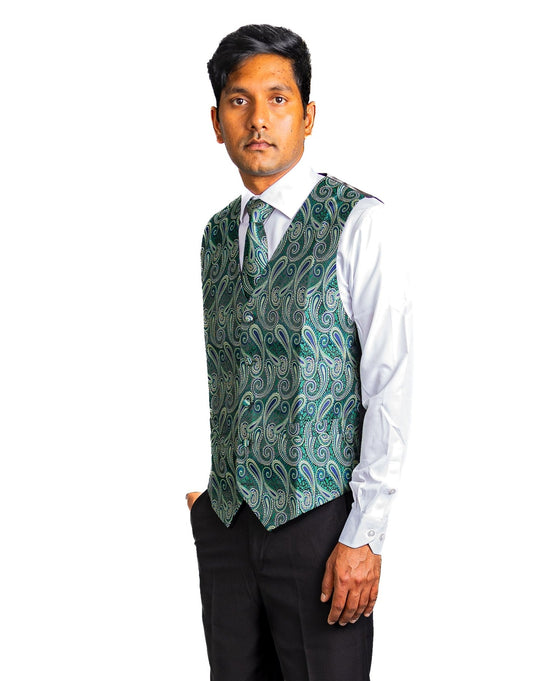 Luxury Green Blue Paisley Silk V Neck Vest Tie Pocket Square Cufflinks Set- MJ-2572 - SimonVon Shop