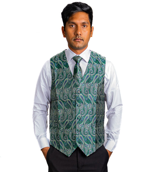 Luxury Green Blue Paisley Silk V Neck Vest Tie Pocket Square Cufflinks Set- MJ-2572 - SimonVon Shop