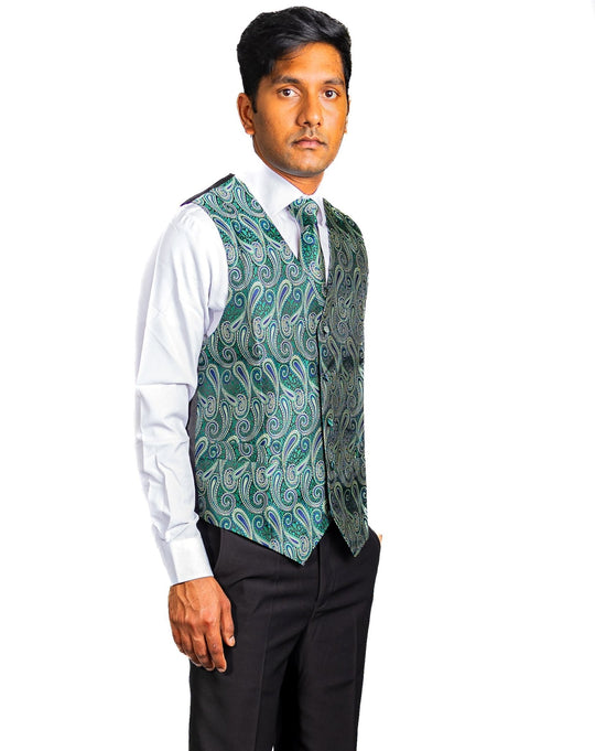 Luxury Green Blue Paisley Silk V Neck Vest Tie Pocket Square Cufflinks Set- MJ-2572 - SimonVon Shop