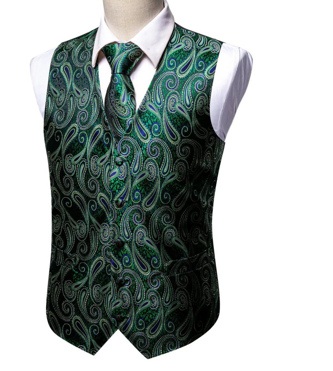 Luxury Green Blue Paisley Silk V Neck Vest Tie Pocket Square Cufflinks Set- MJ-2572 - SimonVon Shop