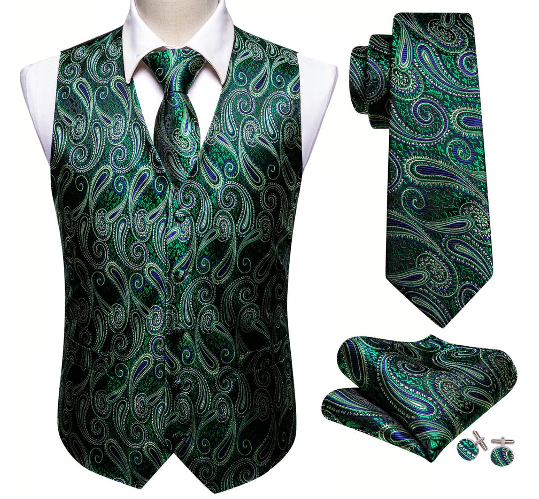 Luxury Green Blue Paisley Silk V Neck Vest Tie Pocket Square Cufflinks Set- MJ-2572 - SimonVon Shop