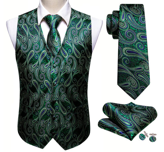 Luxury Green Blue Paisley Silk V Neck Vest Tie Pocket Square Cufflinks Set- MJ-2572 - SimonVon Shop