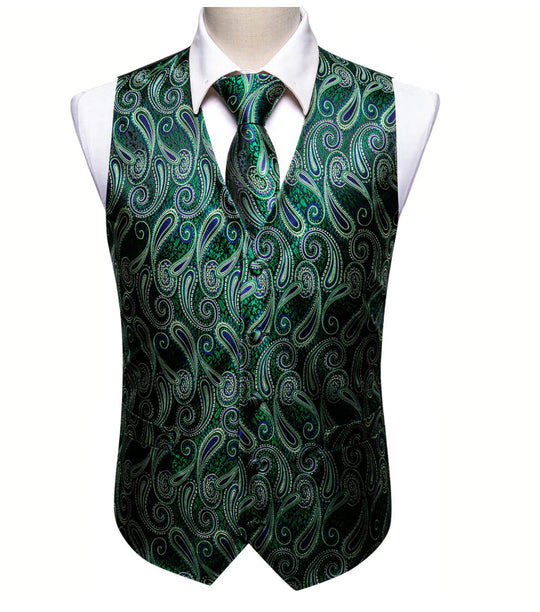 Luxury Green Blue Paisley Silk V Neck Vest Tie Pocket Square Cufflinks Set- MJ-2572 - SimonVon Shop
