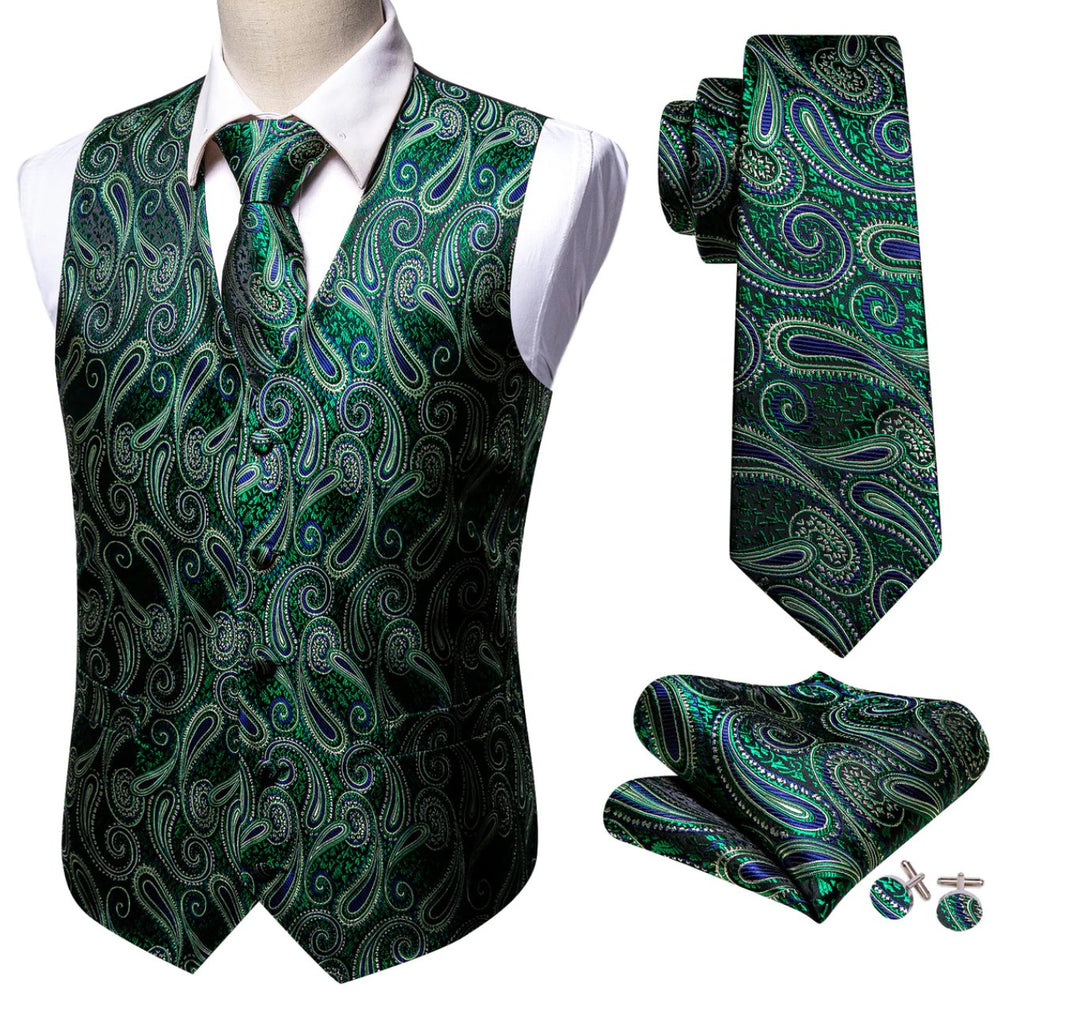 Luxury Green Blue Paisley Silk V Neck Vest Tie Pocket Square Cufflinks Set- MJ-2572 - SimonVon Shop