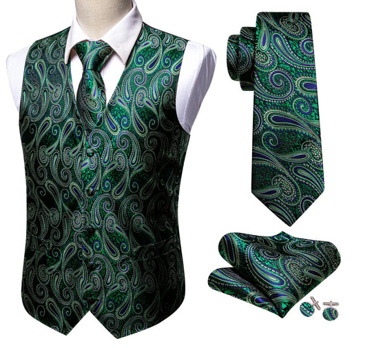 Luxury Green Blue Paisley Silk V Neck Vest Tie Pocket Square Cufflinks Set- MJ-2572 - SimonVon Shop