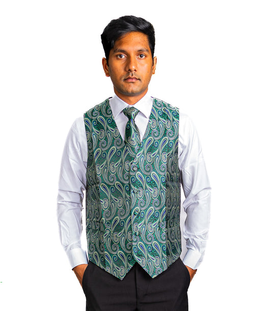 Luxury Green Blue Paisley Silk V Neck Vest Tie Pocket Square Cufflinks Set- MJ-2572 - SimonVon Shop