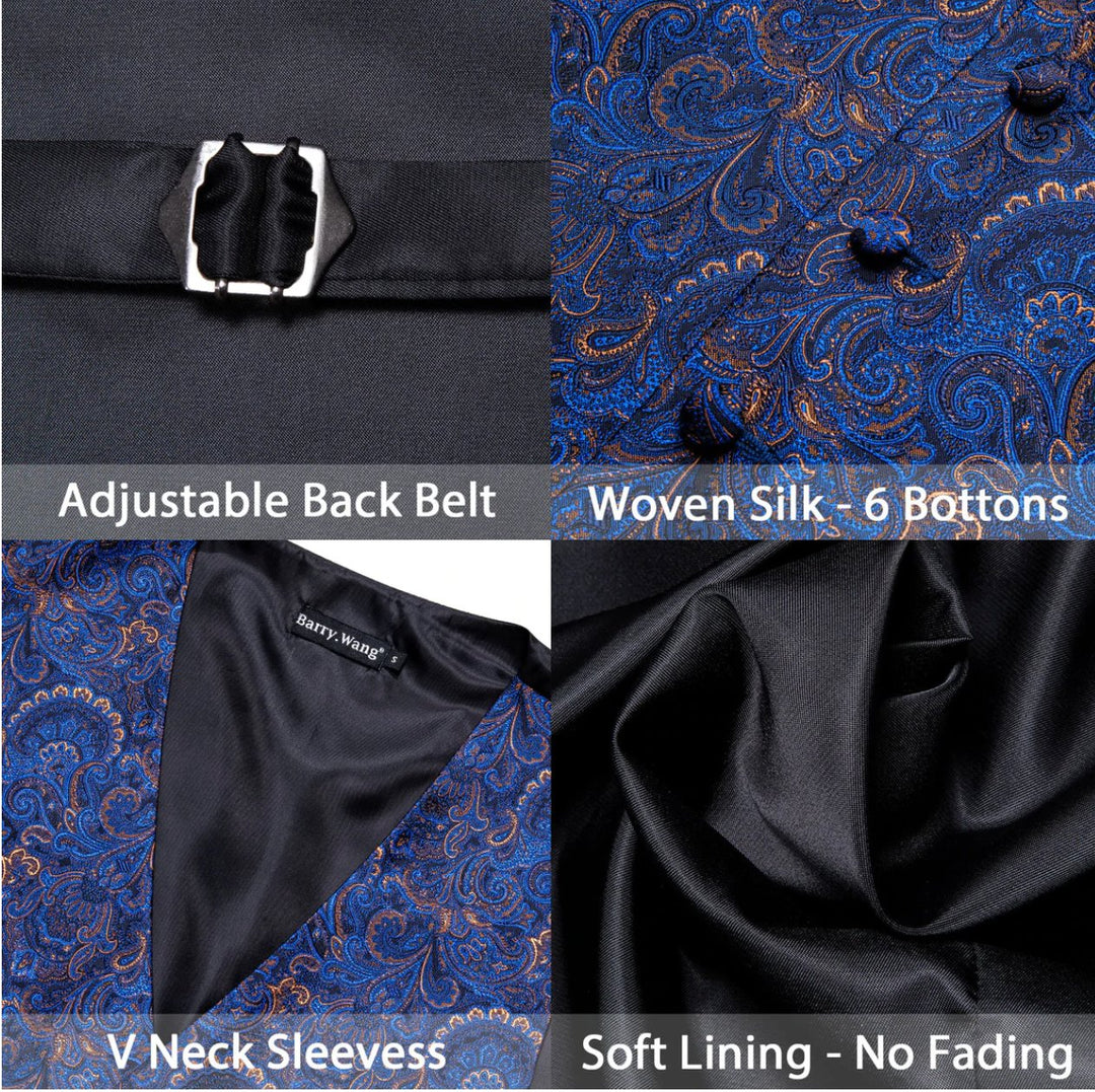 Luxury Men's Blue Paisley Silk Vest Necktie Pocket square Cufflinks.MJ-2052 - SimonVon Shop