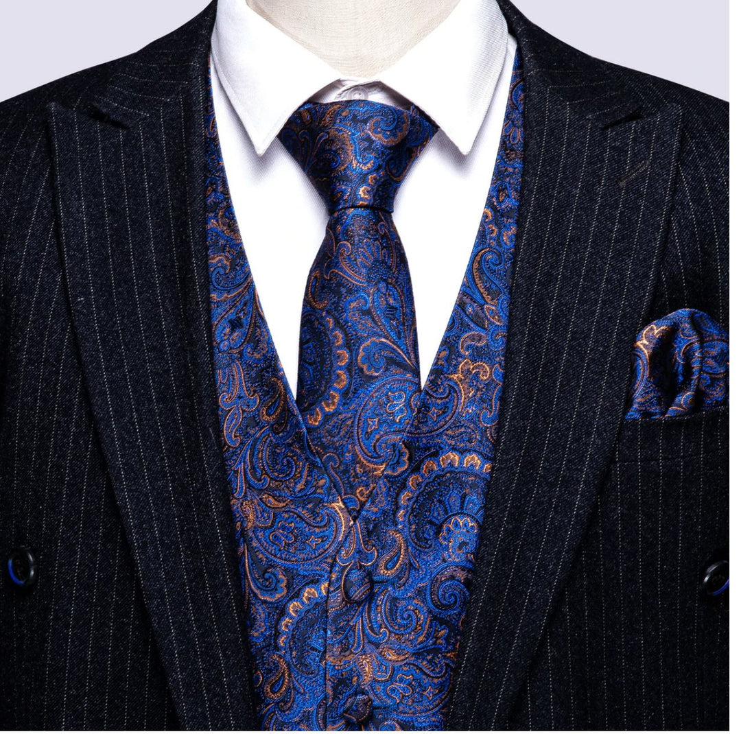 Luxury Men's Blue Paisley Silk Vest Necktie Pocket square Cufflinks.MJ-2052 - SimonVon Shop