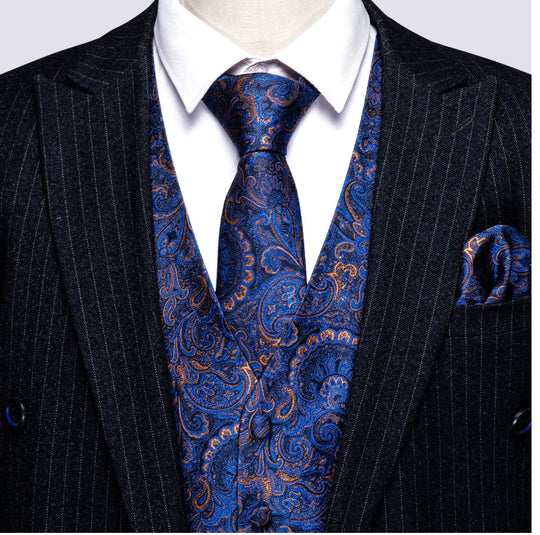 Luxury Men's Blue Paisley Silk Vest Necktie Pocket square Cufflinks.MJ-2052 - SimonVon Shop