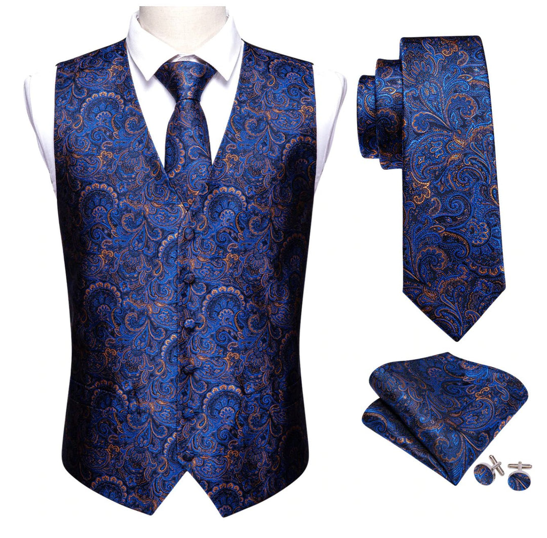 Luxury Men's Blue Paisley Silk Vest Necktie Pocket square Cufflinks.MJ-2052 - SimonVon Shop