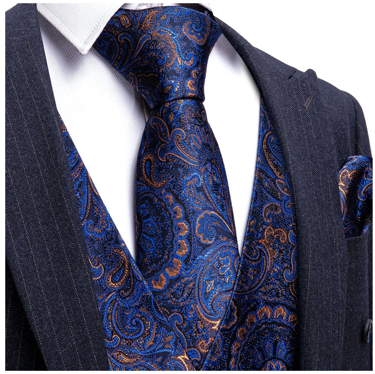 Luxury Men's Blue Paisley Silk Vest Necktie Pocket square Cufflinks.MJ-2052 - SimonVon Shop