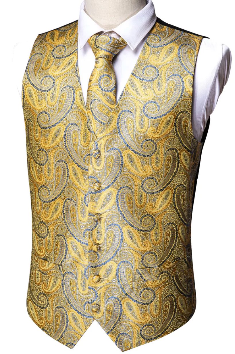 Luxury Men's Yellow Blue Paisley Silk Vest Necktie Pocket Square Cufflinks Set- MJ-2050 - SimonVon Shop