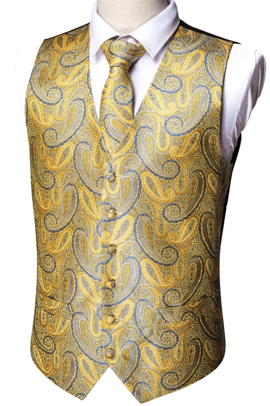 Luxury Men's Yellow Blue Paisley Silk Vest Necktie Pocket Square Cufflinks Set- MJ-2050 - SimonVon Shop