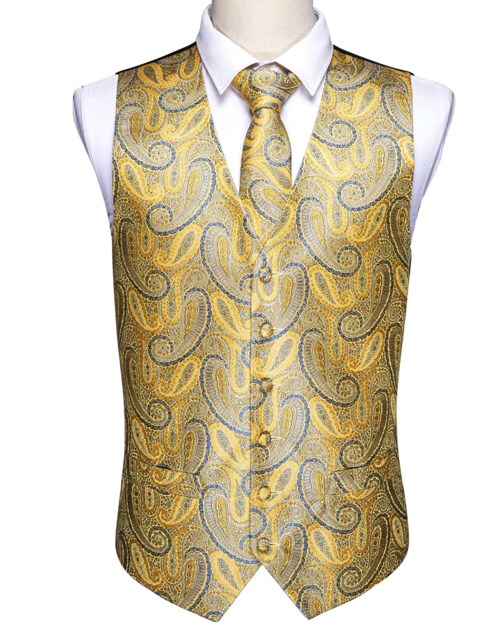 Luxury Men's Yellow Blue Paisley Silk Vest Necktie Pocket Square Cufflinks Set- MJ-2050 - SimonVon Shop