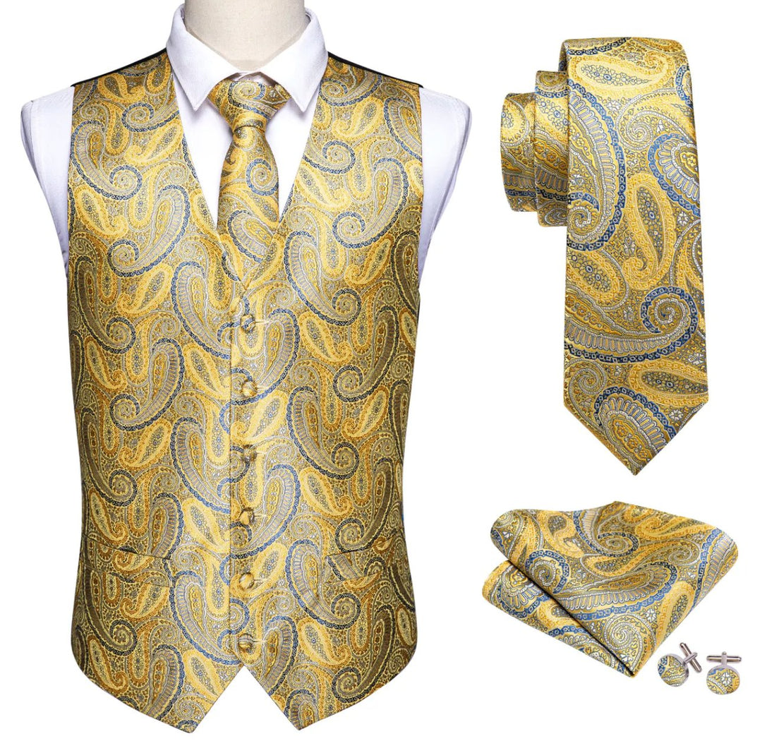 Luxury Men's Yellow Blue Paisley Silk Vest Necktie Pocket Square Cufflinks Set- MJ-2050 - SimonVon Shop