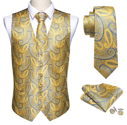 Luxury Men's Yellow Blue Paisley Silk Vest Necktie Pocket Square Cufflinks Set- MJ-2050 - SimonVon Shop