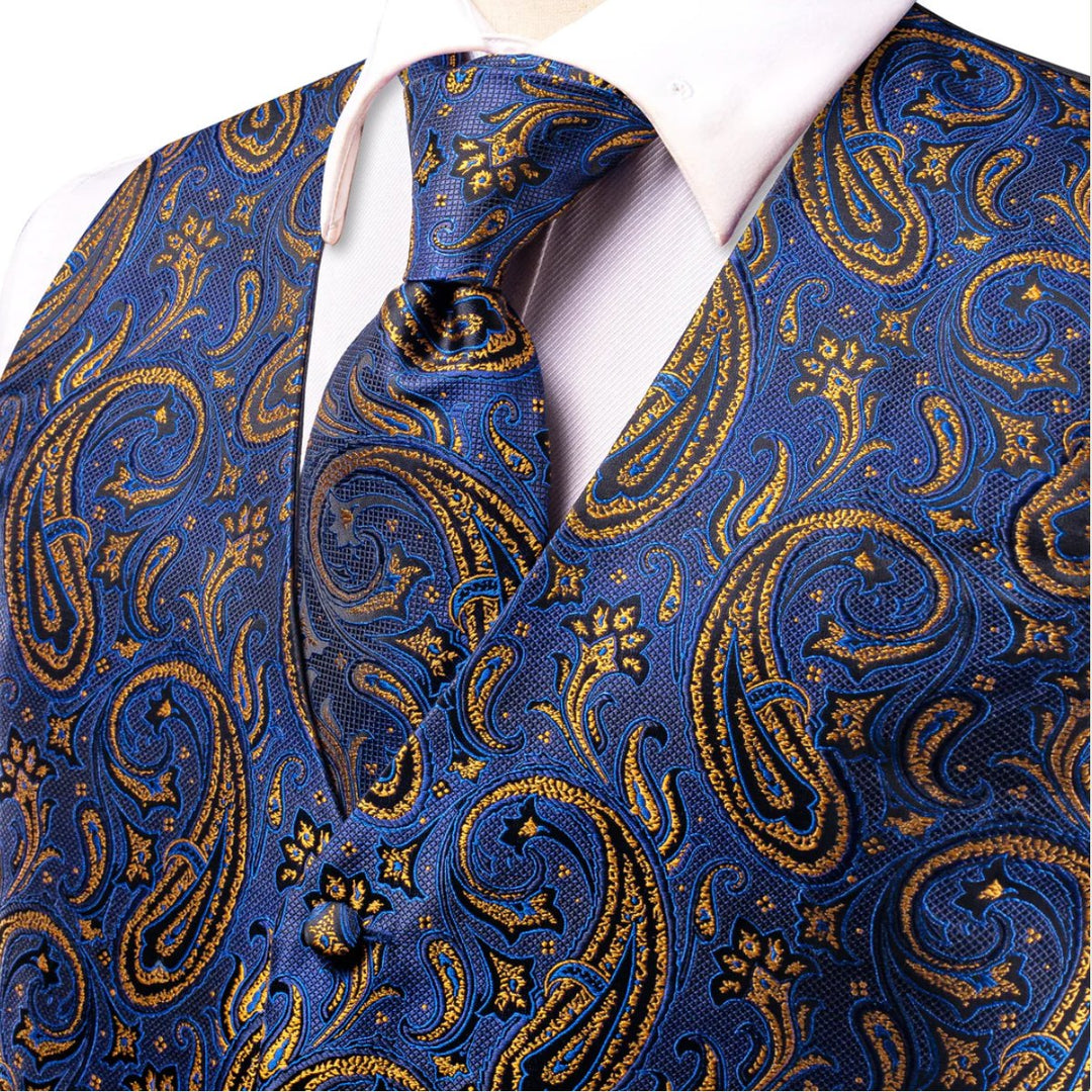 Luxury Royal Blue Golden Paisley Silk Men's Vest Hanky Cufflinks Tie Set Waistcoat Suit Set- MJ-3032 - SimonVon Shop