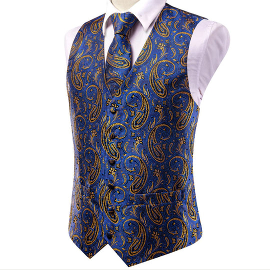 Luxury Royal Blue Golden Paisley Silk Men's Vest Hanky Cufflinks Tie Set Waistcoat Suit Set- MJ-3032 - SimonVon Shop