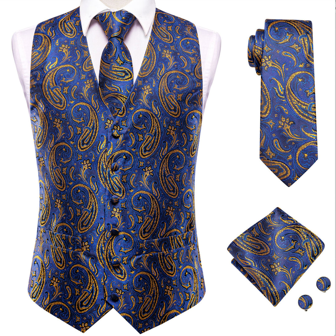 Luxury Royal Blue Golden Paisley Silk Men's Vest Hanky Cufflinks Tie Set Waistcoat Suit Set- MJ-3032 - SimonVon Shop