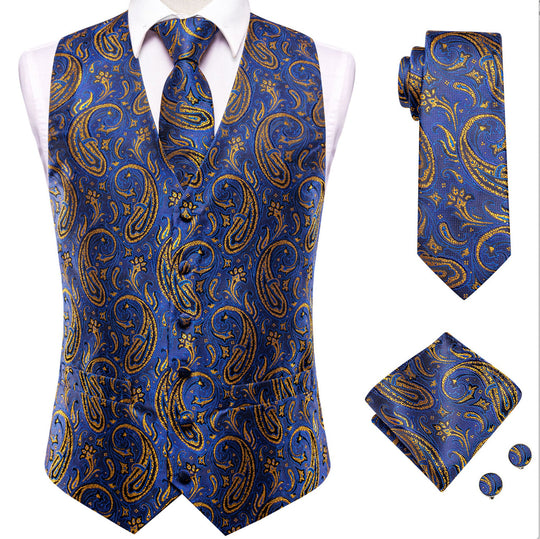 Luxury Royal Blue Golden Paisley Silk Men's Vest Hanky Cufflinks Tie Set Waistcoat Suit Set- MJ-3032 - SimonVon Shop