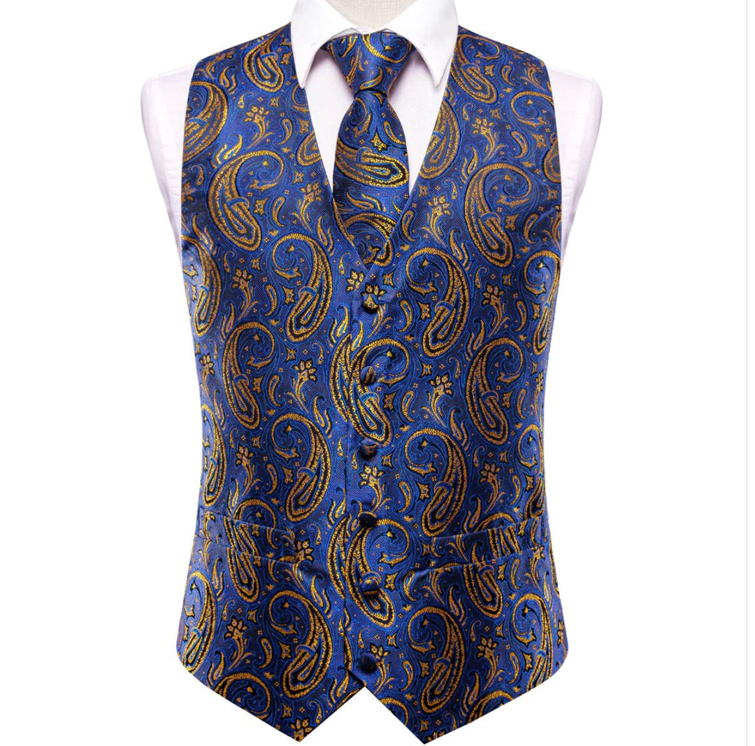 Luxury Royal Blue Golden Paisley Silk Men's Vest Hanky Cufflinks Tie Set Waistcoat Suit Set- MJ-3032 - SimonVon Shop
