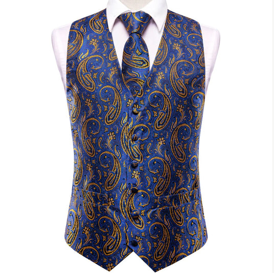 Luxury Royal Blue Golden Paisley Silk Men's Vest Hanky Cufflinks Tie Set Waistcoat Suit Set- MJ-3032 - SimonVon Shop