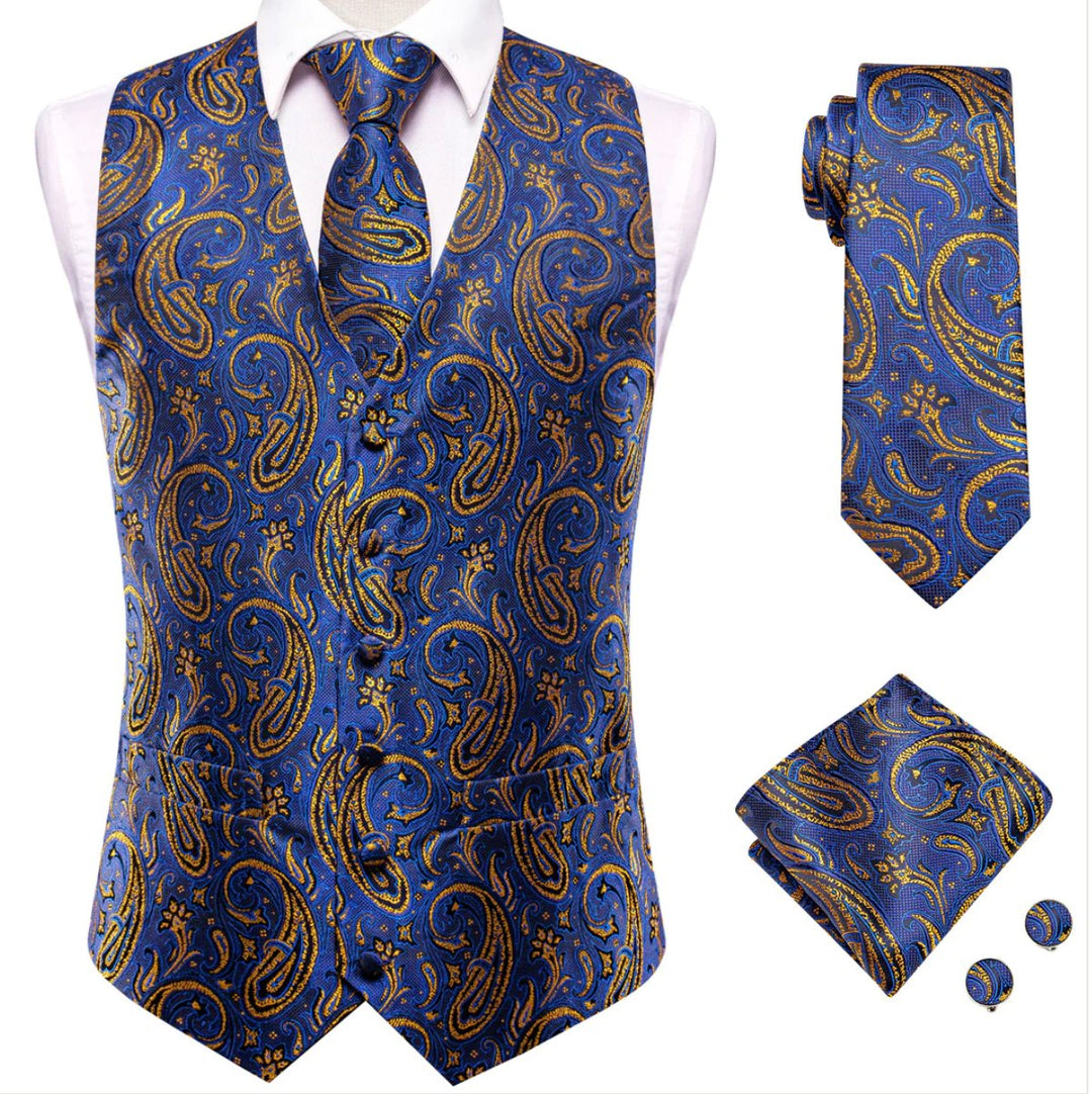 Luxury Royal Blue Golden Paisley Silk Men's Vest Hanky Cufflinks Tie Set Waistcoat Suit Set- MJ-3032 - SimonVon Shop
