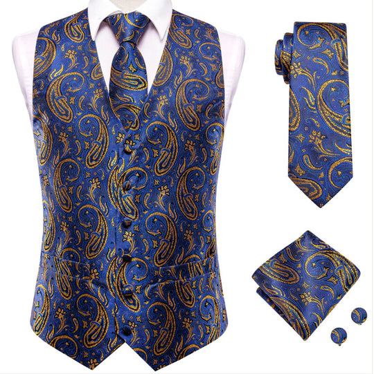 Luxury Royal Blue Golden Paisley Silk Men's Vest Hanky Cufflinks Tie Set Waistcoat Suit Set- MJ-3032 - SimonVon Shop