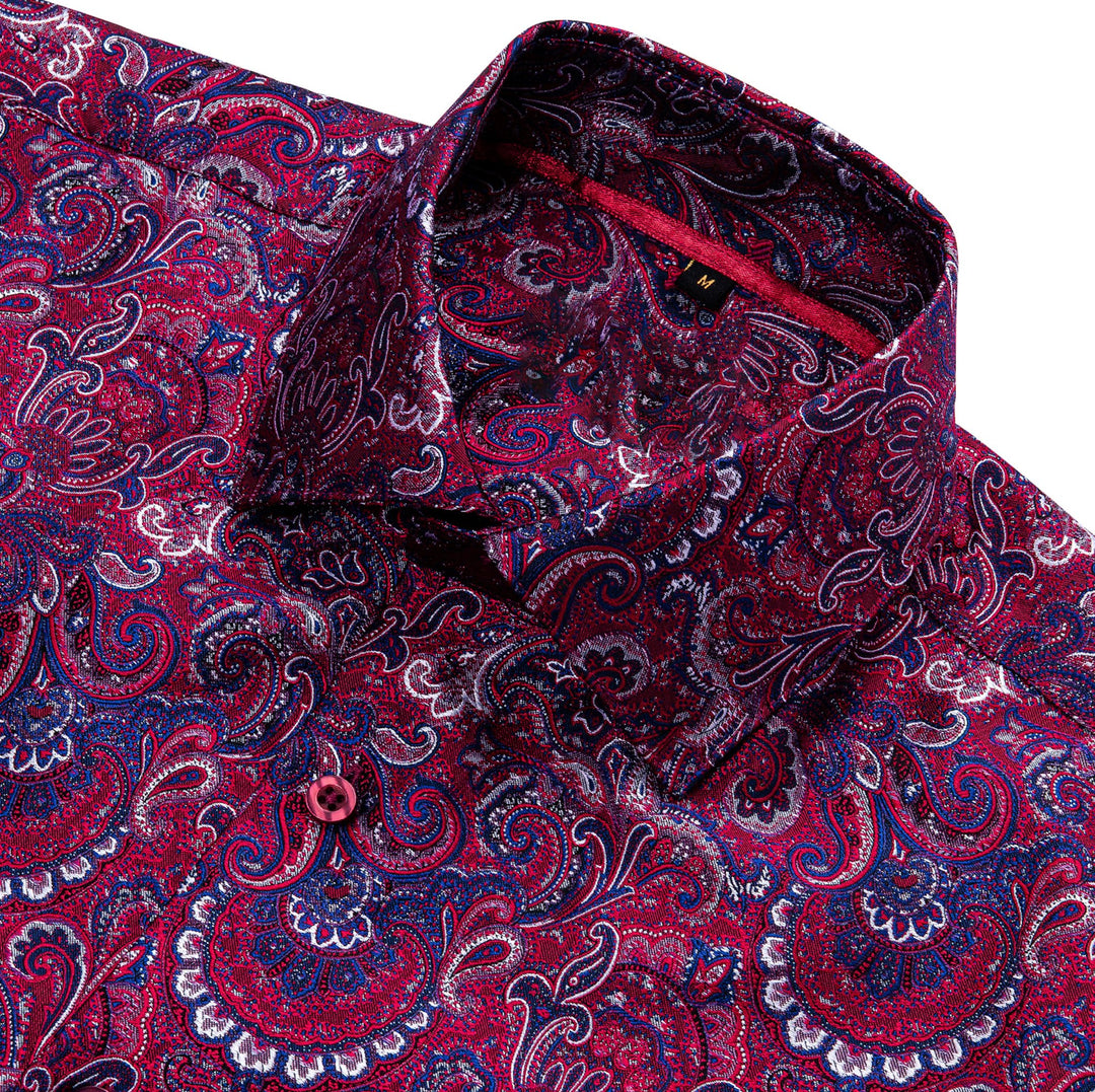 Maroon Blue Paisley Silk Men's Shirt- CY-0042 - SimonVon Shop
