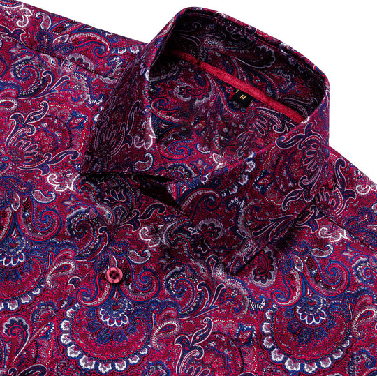 Maroon Blue Paisley Silk Men's Shirt- CY-0042 - SimonVon Shop