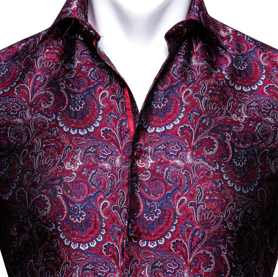 Maroon Blue Paisley Silk Men's Shirt- CY-0042 - SimonVon Shop