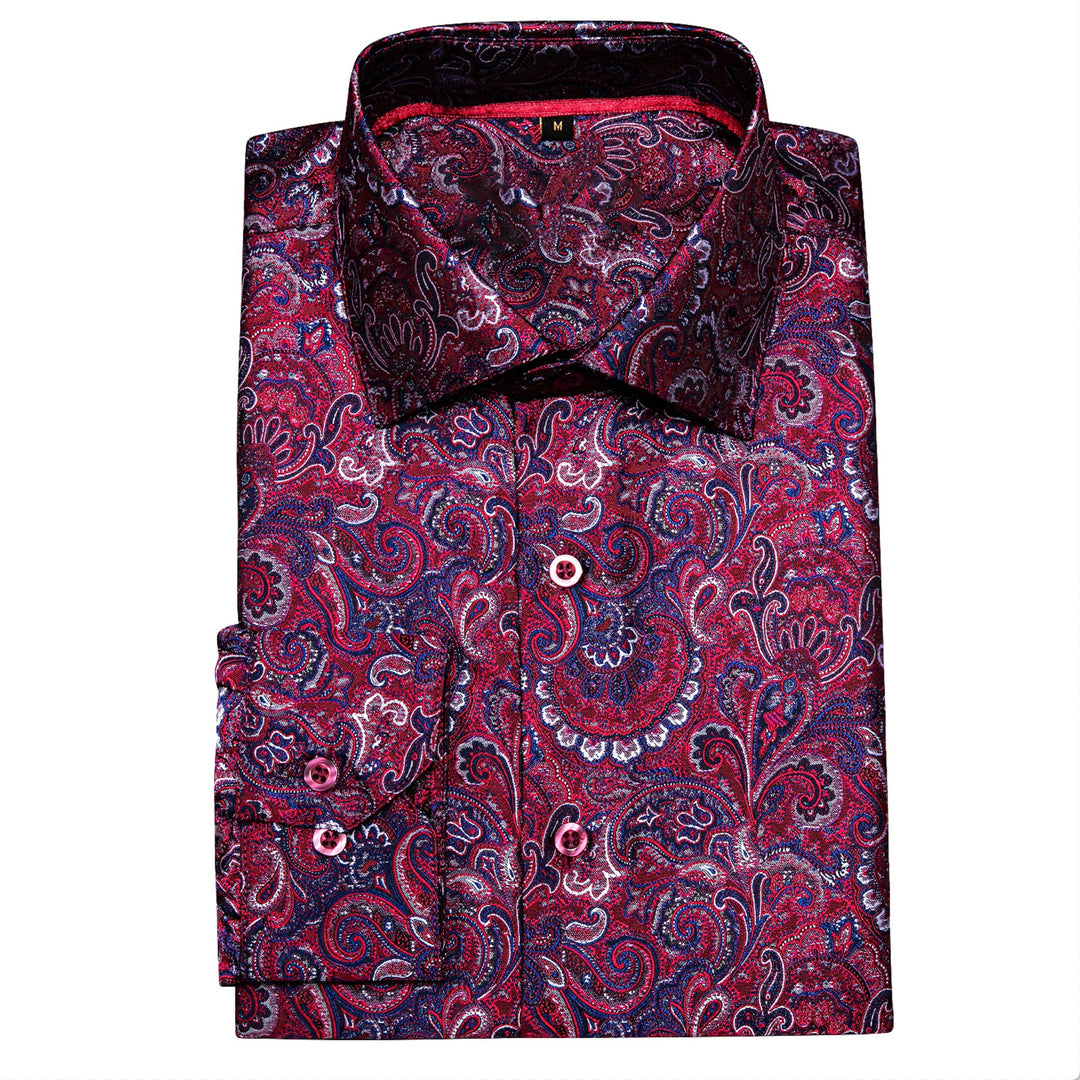 Maroon Blue Paisley Silk Men's Shirt- CY-0042 - SimonVon Shop