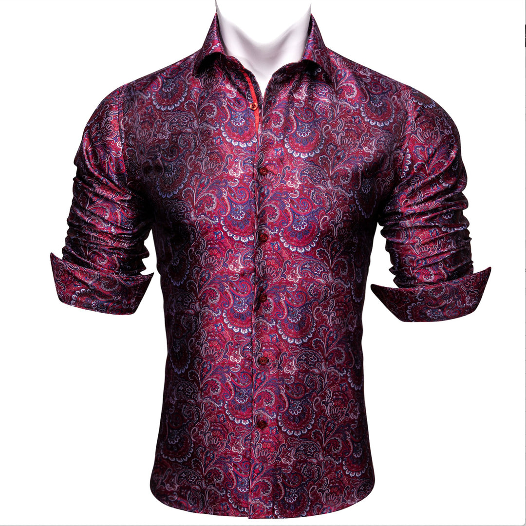Maroon Blue Paisley Silk Men's Shirt- CY-0042 - SimonVon Shop