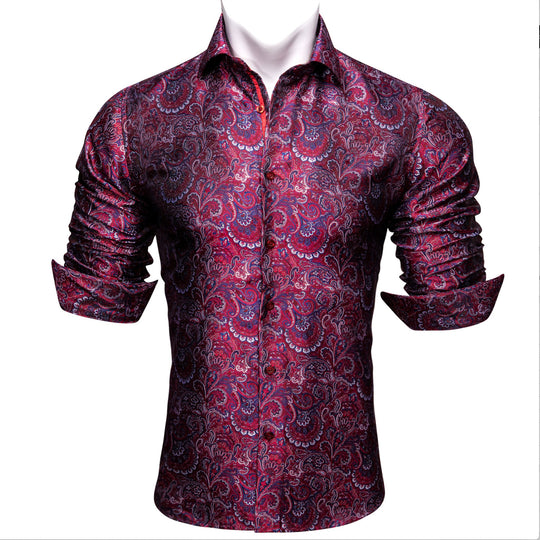 Maroon Blue Paisley Silk Men's Shirt- CY-0042 - SimonVon Shop