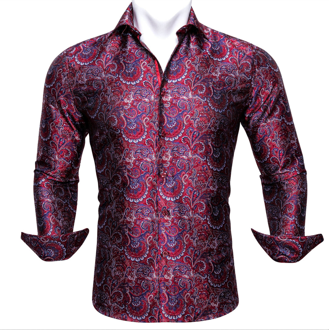 Maroon Blue Paisley Silk Men's Shirt- CY-0042 - SimonVon Shop